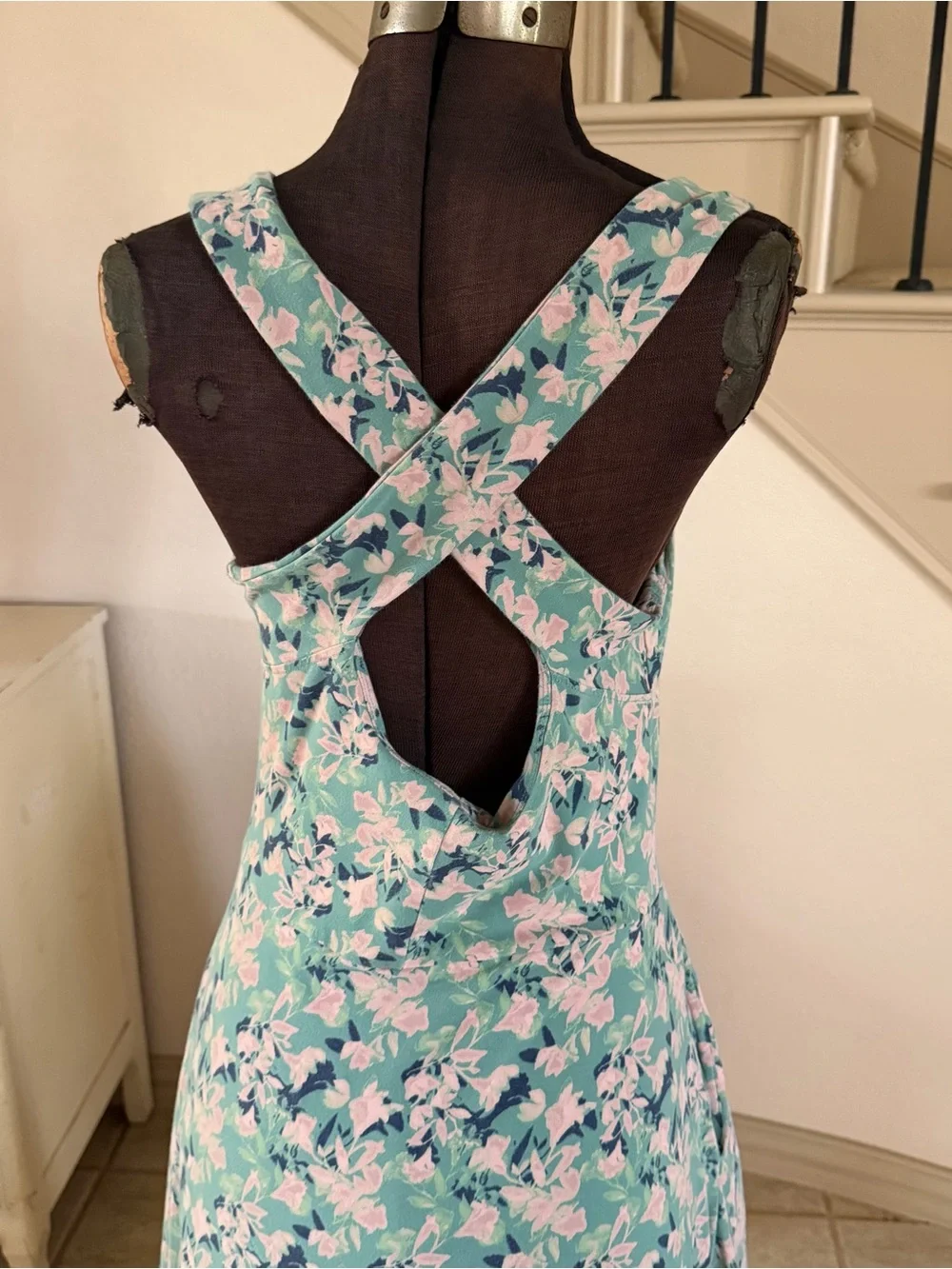 PACT Women’s Size L Organic Fit & Flare Open Back Maxi Dress Light Blue Floral - Picture 7 of 11
